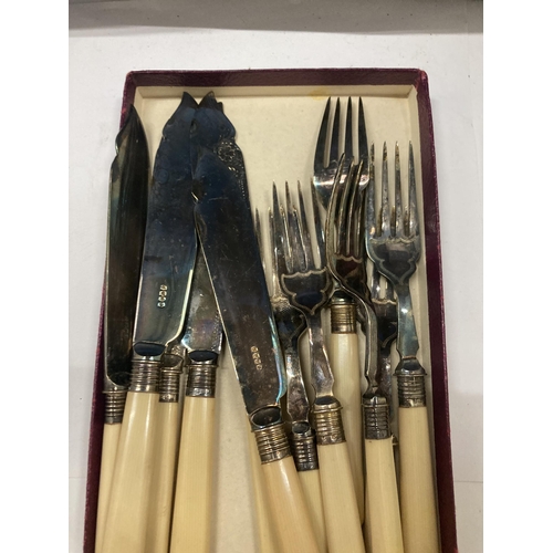 83 - SIX VINTAGE FISH KNIVES SIX FORKS WITH HALLMARKED SHEFFIELD COLLARS