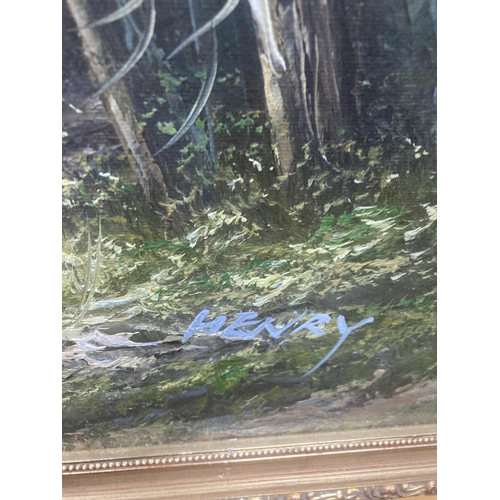 94 - TWO OIL PAINTINGS TO INCLUDE A GILT FRAMED OIL ON BOARD OF A MOUNTAINOUS, WOODLAND, LAKE SCENE SIGNE... 