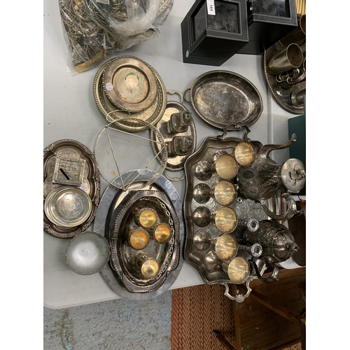 163 - A LARGE QUANTITY OF SILVERPLATE TO INCLUDE TRAYS, COFFEE POTS, MONEY BOX ETC