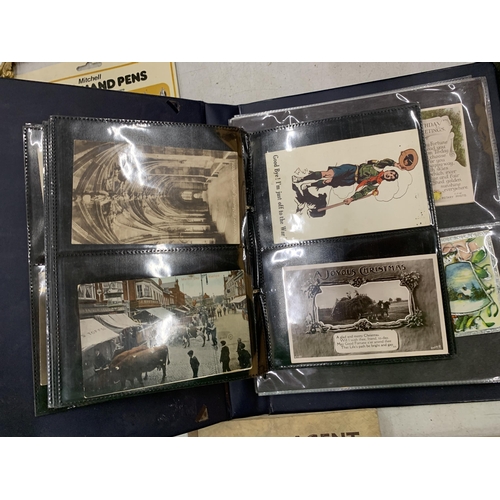 200 - A COLLECTION OF VINTAGE POSTCARDS IN AN ALBUM TO INCLUDE GREETINGS CARDS, ETC, A STAMP ALBUM AND A W... 