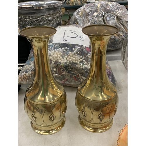 215 - A LARGE PAIR OF DUTCH BRASS VASES, HEIGHT 30CM