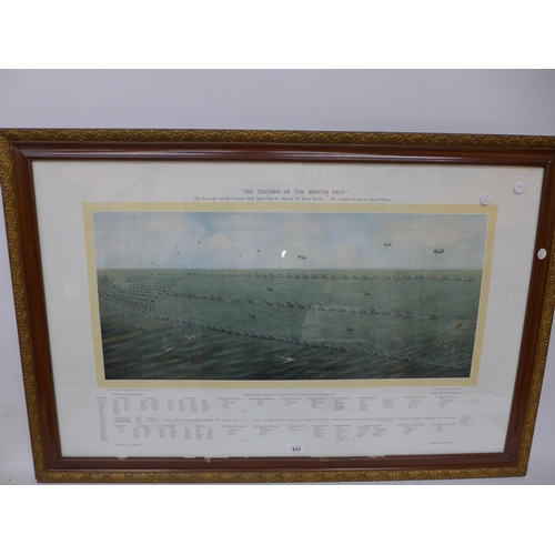 453 - A FRAMED AND GLAZED COLOURED PRINT 'THE TRIUMPH OF THE BRITISH NAVY', 55CM X 86CM