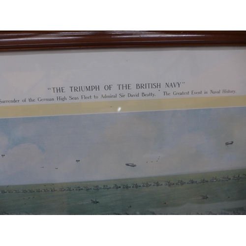 453 - A FRAMED AND GLAZED COLOURED PRINT 'THE TRIUMPH OF THE BRITISH NAVY', 55CM X 86CM