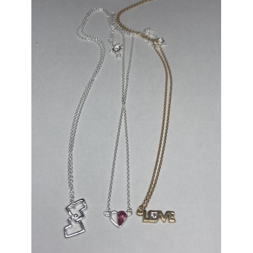 530 - THREE SILVER NECKLACES WITH PENDANTS TO INCLUDE A GOLD PLATED 'LOVE'