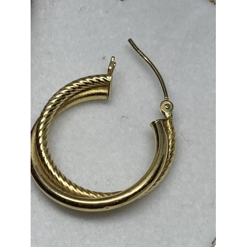 589 - THREE MARKED 9 CARAT GOLD ITEMS TO INCLUDE A PAIR OF HOOP EARRINGS AND A NECKLACE WITH CRYSTAL DROP ... 