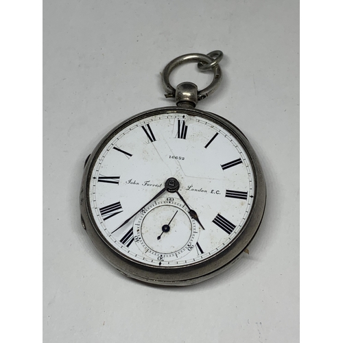 593 - A HALLMARKED LONDON SILVER POCKET WATCH JOHN FORREST LONDON WITH WHITE ENAMEL FACE AND ROMAN NUMERAL... 