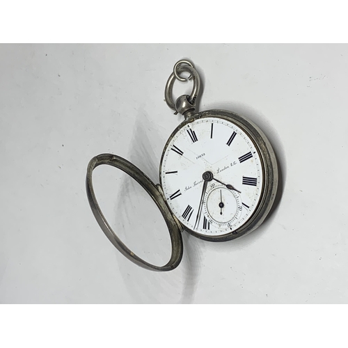 593 - A HALLMARKED LONDON SILVER POCKET WATCH JOHN FORREST LONDON WITH WHITE ENAMEL FACE AND ROMAN NUMERAL... 