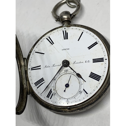 593 - A HALLMARKED LONDON SILVER POCKET WATCH JOHN FORREST LONDON WITH WHITE ENAMEL FACE AND ROMAN NUMERAL... 