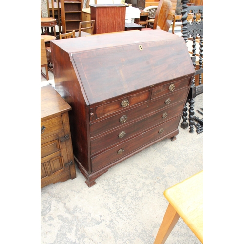 2852 - A GEORGE III MAHOGANY AND CROSSBANDED BUREAU WITH FITTED INTERIOR, TWO SHORT AND THREE LONG GRADUATE... 