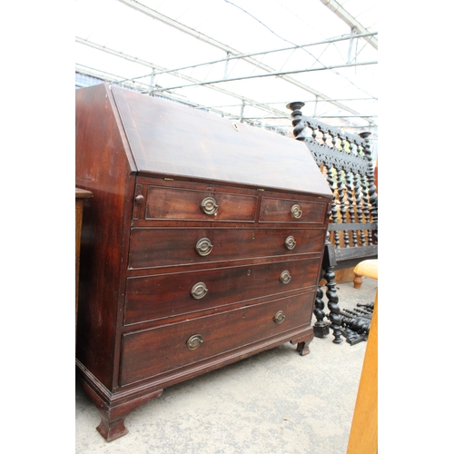 2852 - A GEORGE III MAHOGANY AND CROSSBANDED BUREAU WITH FITTED INTERIOR, TWO SHORT AND THREE LONG GRADUATE... 