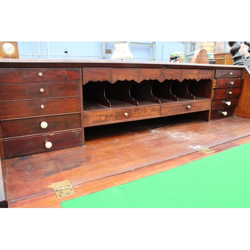 2852 - A GEORGE III MAHOGANY AND CROSSBANDED BUREAU WITH FITTED INTERIOR, TWO SHORT AND THREE LONG GRADUATE... 