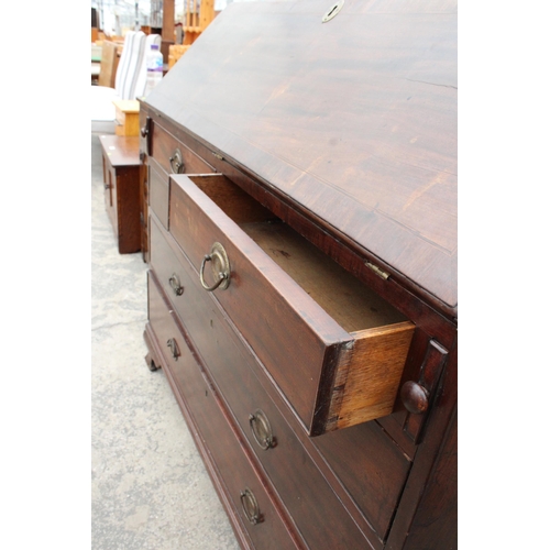 2852 - A GEORGE III MAHOGANY AND CROSSBANDED BUREAU WITH FITTED INTERIOR, TWO SHORT AND THREE LONG GRADUATE... 