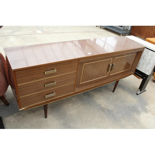 2885 - A RETRO WALNUT EFFECT SIDEBOARD ON TAPERING LEGS ENCLOSING THREE DRAWERS AND TWO CUPBOARDS, 66