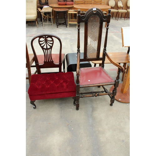 2891 - AN EARLY 20TH CENTURY OAK JACOBEAN STYLE ELBOW CHAIR AND A STOOL ON CABRIOLE LEGS