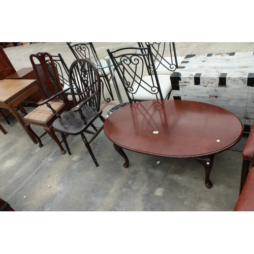 2900 - AN OVAL COFFEE TABLE ON CABRIOLE LEGS AND TWO DINING CHAIRS