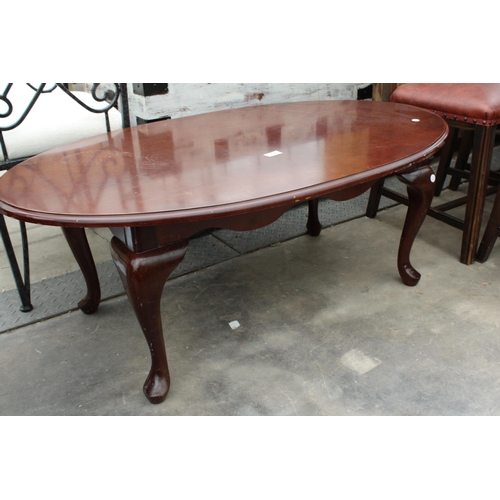 2900 - AN OVAL COFFEE TABLE ON CABRIOLE LEGS AND TWO DINING CHAIRS