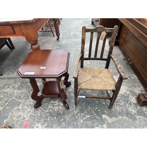 2932 - A MAHOGANY SMALL TWO TIER TABLE AND A BEECH RUSH SEATED CHILDS CHAIR