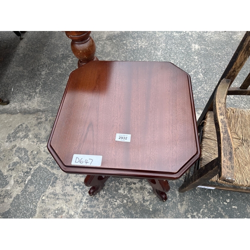 2932 - A MAHOGANY SMALL TWO TIER TABLE AND A BEECH RUSH SEATED CHILDS CHAIR