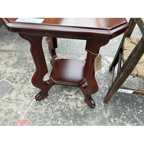 2932 - A MAHOGANY SMALL TWO TIER TABLE AND A BEECH RUSH SEATED CHILDS CHAIR