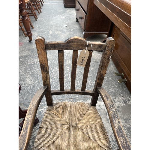 2932 - A MAHOGANY SMALL TWO TIER TABLE AND A BEECH RUSH SEATED CHILDS CHAIR