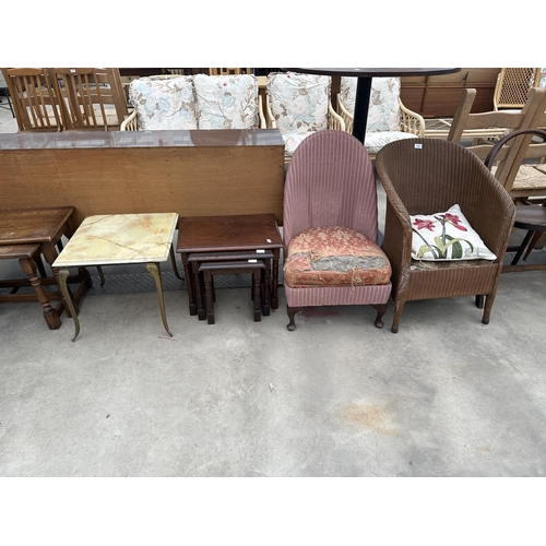 2965 - TWO LLOYD LOOM CHAIRS, A NEST OF THREE TABLES AND AN ONYX TABLE