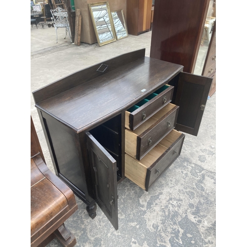 3007 - AN EARLY 20TH CENTURY OAK SIDEBOARD ENCLOSING THREE DRAWERS, TWO CUPBOARDS, 51