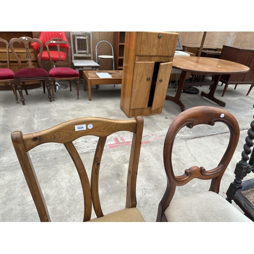 3026 - AN OAK JACOBEAN STYLE CHAIR, VICTORIAN DINING CHAIR, BEDROOM CHAIR AND A PINE CHAIR