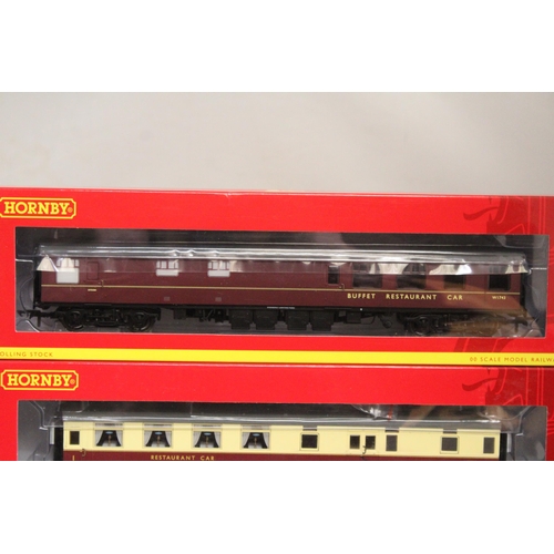 323 - THREE HORNBY OO GAUGE CARRIAGES TO INCLUDE BR MK 1 RESTAURANT BUFFET COACH, BR MK1 TOURIST SECOND OP... 