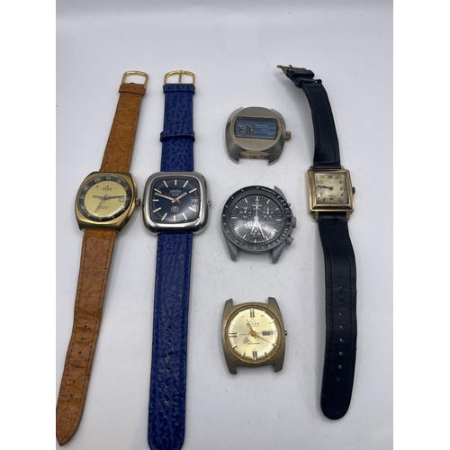 611 - SEVEN VARIOUS GENTLEMAN'S WRISTWATCHES TO INCLUDE OMEGA SPEEDMASTER MOON WATCH, ELGIN JUMP HOUR, ROA... 