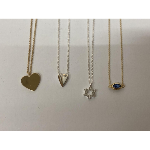 686 - FOUR SILVER PENDANT NECKLACES TO INCLUDE TWO GOLD PLATED EXAMPLES