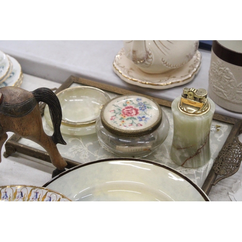 126 - A VINTAGE PETIT POINT GALLERIED DRESSING TABLE TRAY AND TRINKET BOX, CABINET PLATES TO INCLUDE ROYAL... 