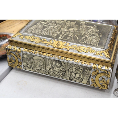 137 - A VINTAGE GERMAN JEWELLERY BOX WITH GILT DECORATION AND PICTURE TO THE TOP, FILLED WITH A LARGE QUAN... 