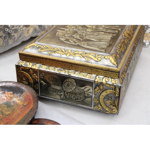 137 - A VINTAGE GERMAN JEWELLERY BOX WITH GILT DECORATION AND PICTURE TO THE TOP, FILLED WITH A LARGE QUAN... 