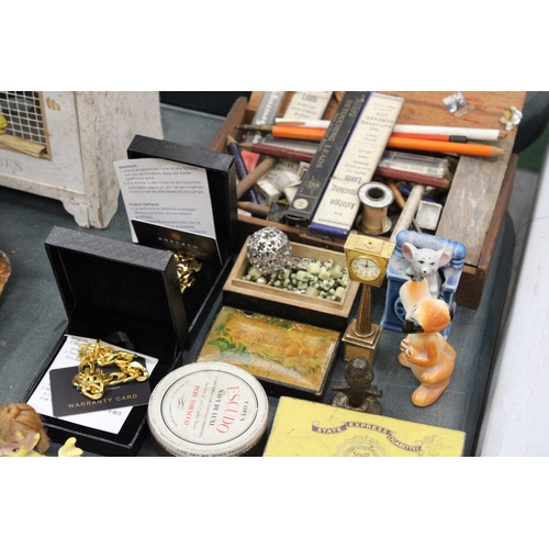 142 - A LARGE QUANTITY OF VINTAGE COLLECTABLES TO INCLUDE COSTUME JEWELLERY, BOXES, ANIMAL FIGURES, WATCHE... 