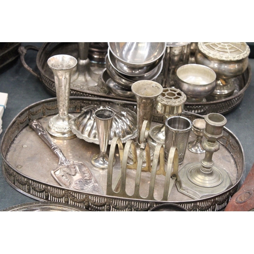 144 - A LARGE QUANTITY OF SILVER PLATE TO INCLUDE GALLERIED TRAYS, A COFFEE POT, TEAPOT, SUGAR BOWL, BUD V... 