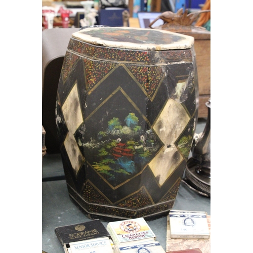 145 - A VINTAGE CHINESE PAPIER MACHE BARREL WITH HANDPAINTED DECORATION, HEIGHT 44CM