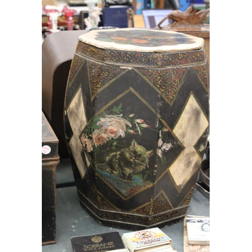 145 - A VINTAGE CHINESE PAPIER MACHE BARREL WITH HANDPAINTED DECORATION, HEIGHT 44CM