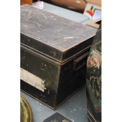 147 - A LARGE VINTAGE DEEDS BOX WITH TWO KEYS