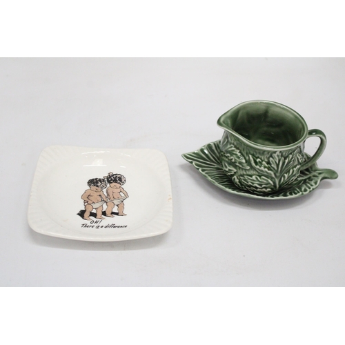 161 - A VINTAGE TRINKET DISH DEPICTING TWO BABIES IN NAPPIES AND A SYLVAC 'CABBAGE LEAF' SAUCE BOAT AND SA... 