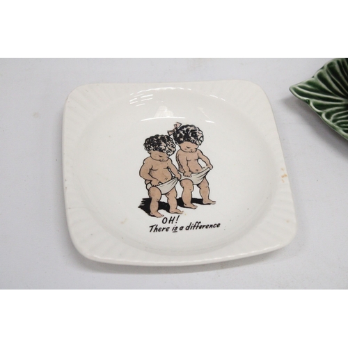 161 - A VINTAGE TRINKET DISH DEPICTING TWO BABIES IN NAPPIES AND A SYLVAC 'CABBAGE LEAF' SAUCE BOAT AND SA... 