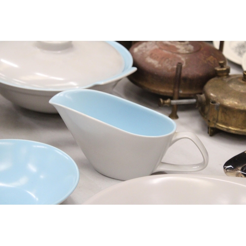 169 - A QUANTITY OF POOLE POTTERY TWINTONE SKY BLUE AND DOVE GREY TO INCLUDE TWO TUREENS, SAUCE BOAT, SERV... 