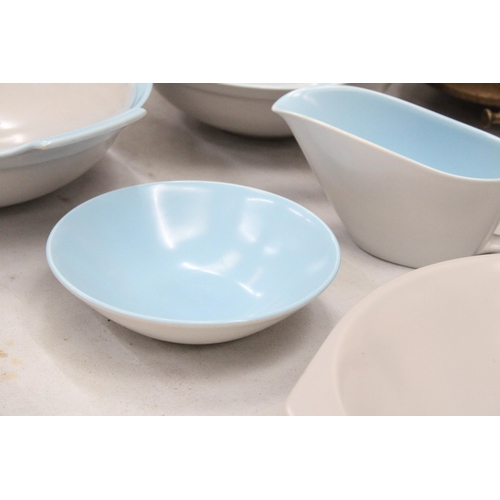 169 - A QUANTITY OF POOLE POTTERY TWINTONE SKY BLUE AND DOVE GREY TO INCLUDE TWO TUREENS, SAUCE BOAT, SERV... 