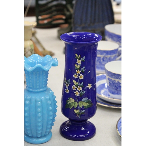 176 - TWO BLUE OPALINE MILK GLASS VASES TOGETHER WITH TWO FURTHER DECORATIVE COBALT BLUE AND FLORAL GLASS ... 