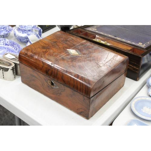 179 - A VICTORIAN BURR WALNUT WRITING SLOPE TOGETHER WITH A MOTHER OF PEARL ESCUTCHEON BOX FOR RESTORATION