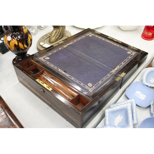 179 - A VICTORIAN BURR WALNUT WRITING SLOPE TOGETHER WITH A MOTHER OF PEARL ESCUTCHEON BOX FOR RESTORATION