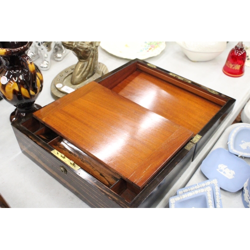 179 - A VICTORIAN BURR WALNUT WRITING SLOPE TOGETHER WITH A MOTHER OF PEARL ESCUTCHEON BOX FOR RESTORATION