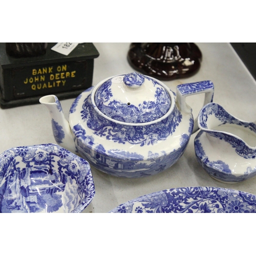 184 - FOUR PIECES OF ITALIAN COPELAND SPODE TO INCLUDE A TEAPOT, MILK AND SUGAR BOWL AND SERVING DISH