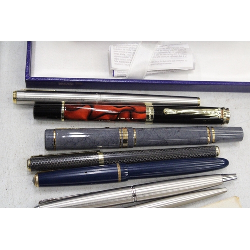 190 - A COLLECTION OF PENS TO INCLUDE A BOXED WATERMAN, PARIS PLUS A VINTAGE PARKER WITH A 14K GOLD NIB AN... 