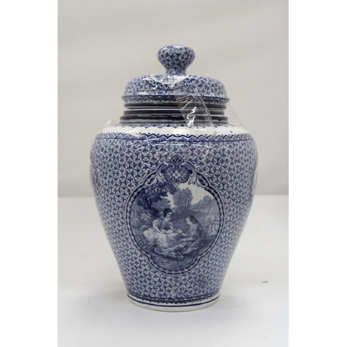 193 - A VINTAGE BLUE AND WHITE LIDDED POT, MARKED 'LOUIS XVI' TO THE BASE, HEIGHT 25CM