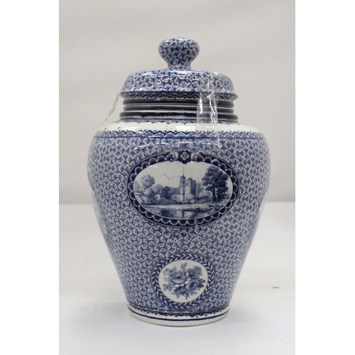 193 - A VINTAGE BLUE AND WHITE LIDDED POT, MARKED 'LOUIS XVI' TO THE BASE, HEIGHT 25CM